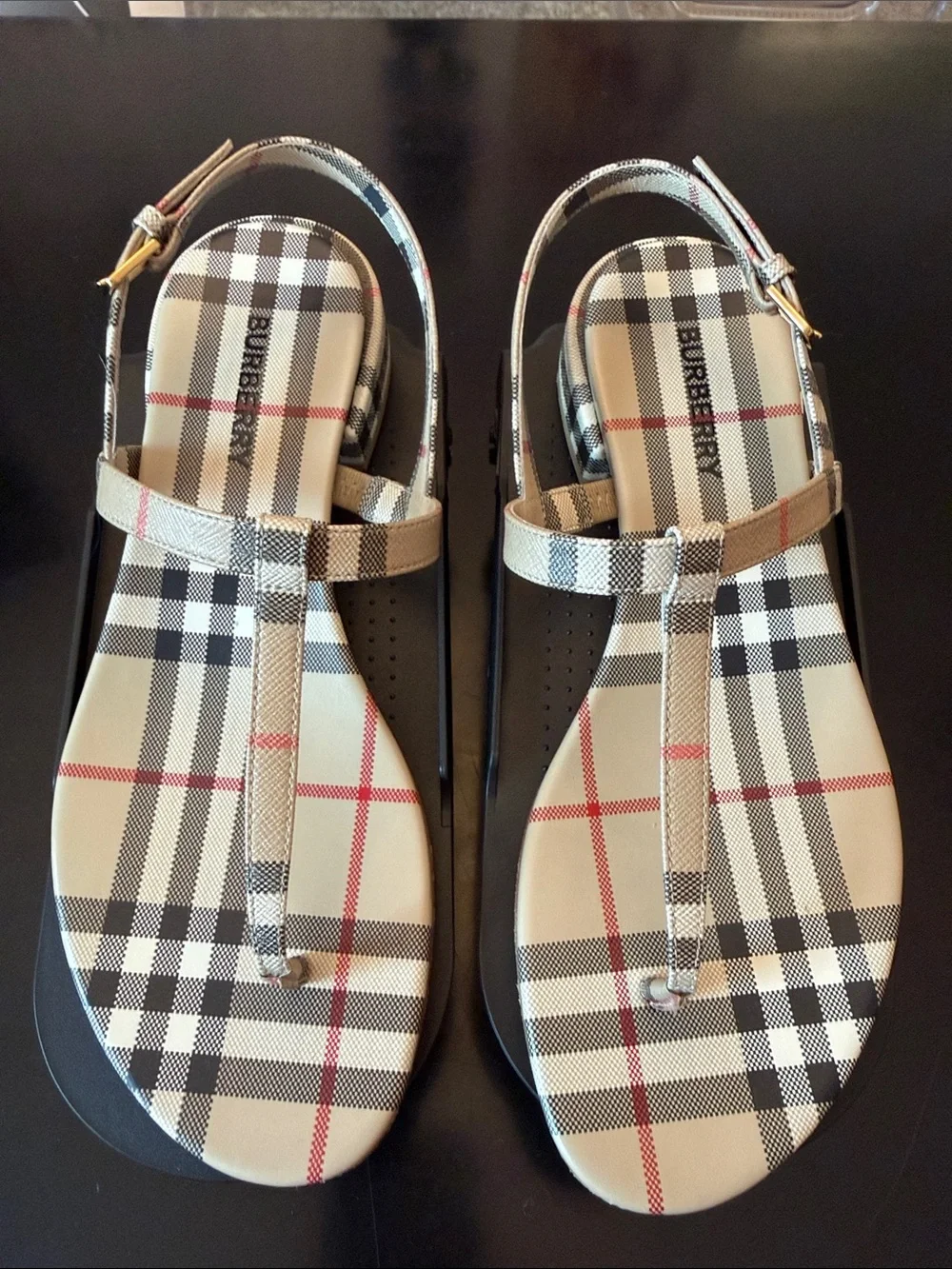 Burberry Beige Plaid T-strap Sandals - Picture 1 of 11